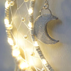 Dream Catcher with LED String Lights Handmade Boho Macrame Wall Hanging Photo Display Woven Decoration Ornament with Photo Clips for Room Wedding Home Decor (Moon)