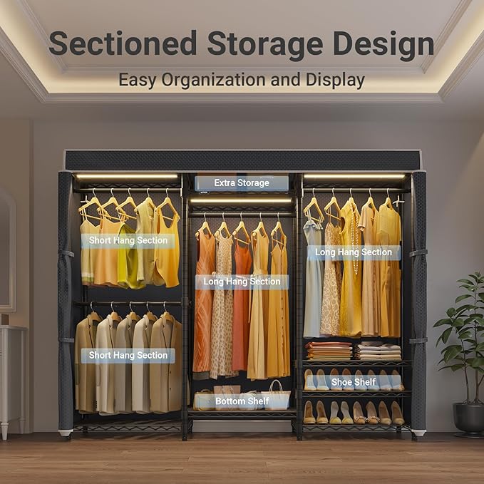 VIPEK V5LC Garment Rack Heavy Duty Covered Clothes Racks with Dimmable LED Light 3000K Warm White, Portable Closet Wardrobe Freestanding Clothing Racks for Hanging Clothes, Black Rack with Black Cover