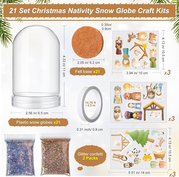 Soulchen 21 Sets Nativity DIY Snow Globe Kit VBS Crafts Plastic Glitter Snow Globes Religious Bible Arts Kit for Sunday School Activities Christian Crafts Bible Story Decorations