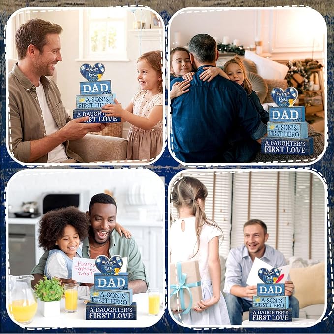 Lineshading 4 Pcs Fathers Day Table Decorations Wooden Blue Heart Trophy Decor Happy Father's Centerpieces Gifts for Dad from Daughter Son Fathers Day Decoration for Home Shelf Indoor Party Decoration