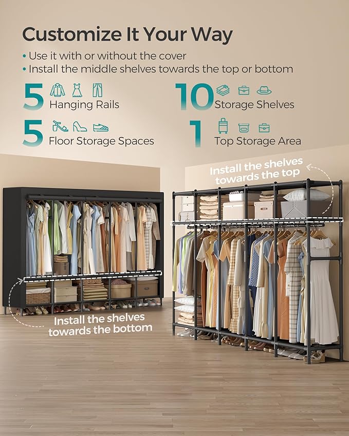 SONGMICS Wardrobe Closet, 83.5 Inch Large Capacity Portable Closet, Clothing Rack, 25 mm Dia,Thick Steel Tubes, Clothes Organizer with Fabric Cover, 5 Hanging Rails, 10 Shelves, Ink Black URDR095B01