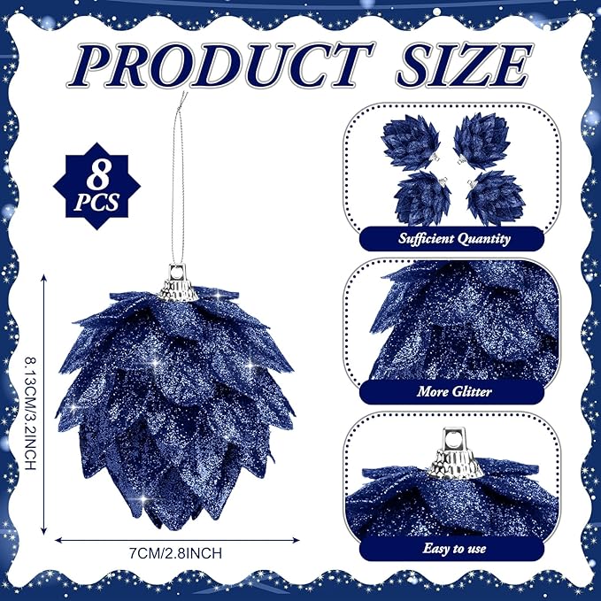 Jetec 8 Pieces Christmas Ornaments Glitter Christmas Tree Hanging Decoration Decorative Artificial Pine Cones Flowers Hanging Ornaments for Winter Wreath Holiday Decor(Navy Blue)