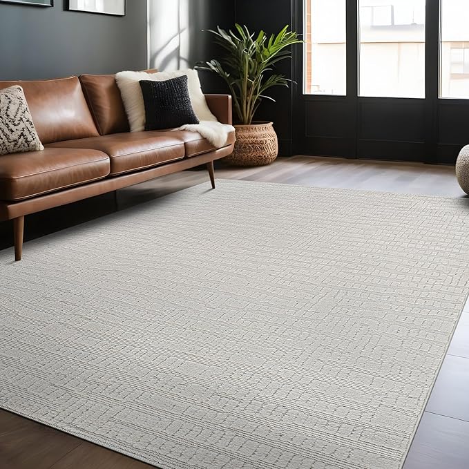 Modern Micro Loop Indoor Area Rugs for Living Room Bedroom Kitchen Geometric Pebble White 4x6 Luxury Durable Low and High Pile Non-Shedding Stain Resistant Soft Area Carpet 4 x 6