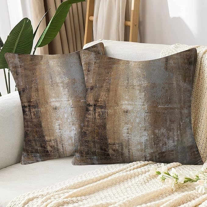 Taupe Abstract Art Artwork Pillow Cover, Gallery Modern Decorative Throw Pillows Cushion Cover for Bedroom Sofa Living Room 18 x 18 Inch Set of 2