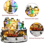 MUMTOP Christmas Village House Decoration, Colourful LED Lights Light Up Bell Tower and Buildings, Rotating Christmas Trees with Music for Indoor Holiday Xmas Tabletop Decor