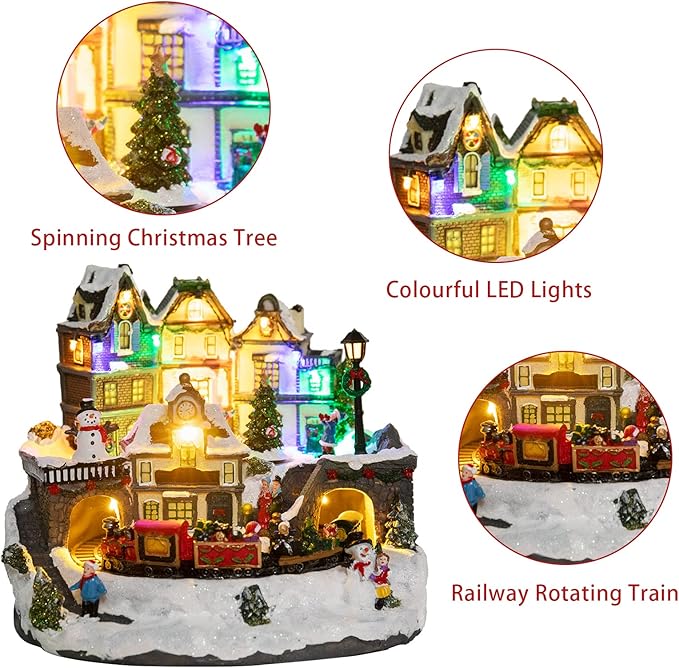 MUMTOP Christmas Village House Decoration, Colourful LED Lights Light Up Bell Tower and Buildings, Rotating Christmas Trees with Music for Indoor Holiday Xmas Tabletop Decor