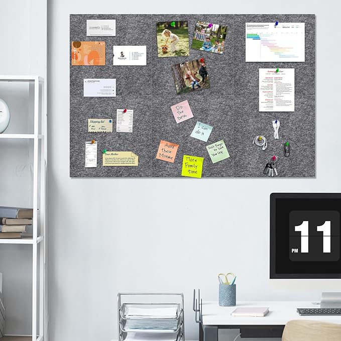 6 Pack Felt Bulletin Cork Board Tiles for Wall, 1/2" Thick Self Adhesive Pinboard Squares with 60 Pushpins, Felt Panels Wall Organizer for Photos, Pictures, Memos (11.8"x11.8"- Dark Grey)