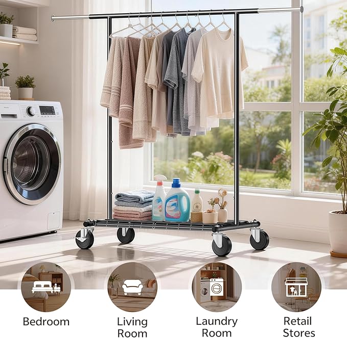 Heavy Duty Clothes Rack - Load 500 LBS, Rolling Clothing Rack for Hanging Clothes with Lockable Wheels & & Shelves, Extendable Garment Rack for Bedroom, Laundry, Living Room (Black)