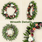 32 Inch Eucalyptus Wreaths with Roses, Hydrangeas, Lavender, Berries, Salal Leaves, Ferns, Dusty Miller, Green Summer Spring Wreaths for Front Door, Large Wreath for Porch Decor
