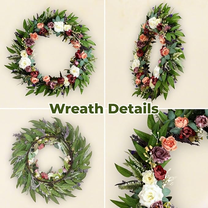 32 Inch Eucalyptus Wreaths with Roses, Hydrangeas, Lavender, Berries, Salal Leaves, Ferns, Dusty Miller, Green Summer Spring Wreaths for Front Door, Large Wreath for Porch Decor