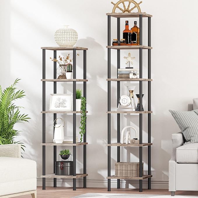 HOOBRO 5-Tier Corner Shelf Stand, Corner Square Rack Display Shelf, Tall Storage Rack Plant Stand, Bookcase for Small Spaces, Living Room, Home Office, Kitchen, Greige and Black BG50CJ01