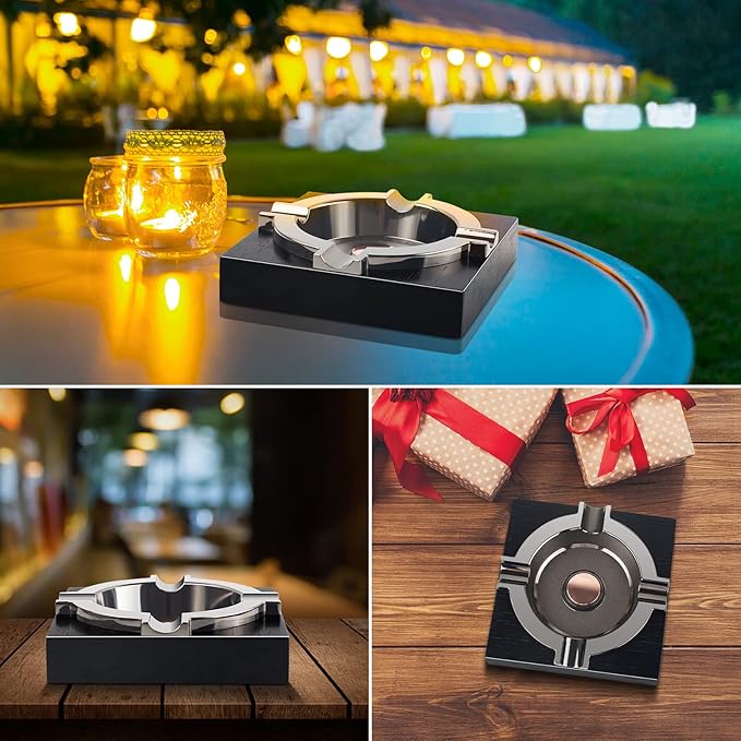 Cigar Ashtray,Cool Ashtrays Cigar Gifts for Men,Metal Cigar Tray with Solid Wood Base Black Ash tray for Home/Office/Bar/Patio Decor(Black)