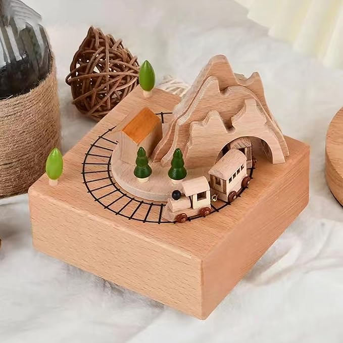 Natural Solid Wood Handcrafted Beech Wooden, Musical FigureTotoro/Carousel/Fairy/Ballerina Figurine,Rotating Hand Crank Mechanism Music Box,Musical Decorations (Mountain and Train)