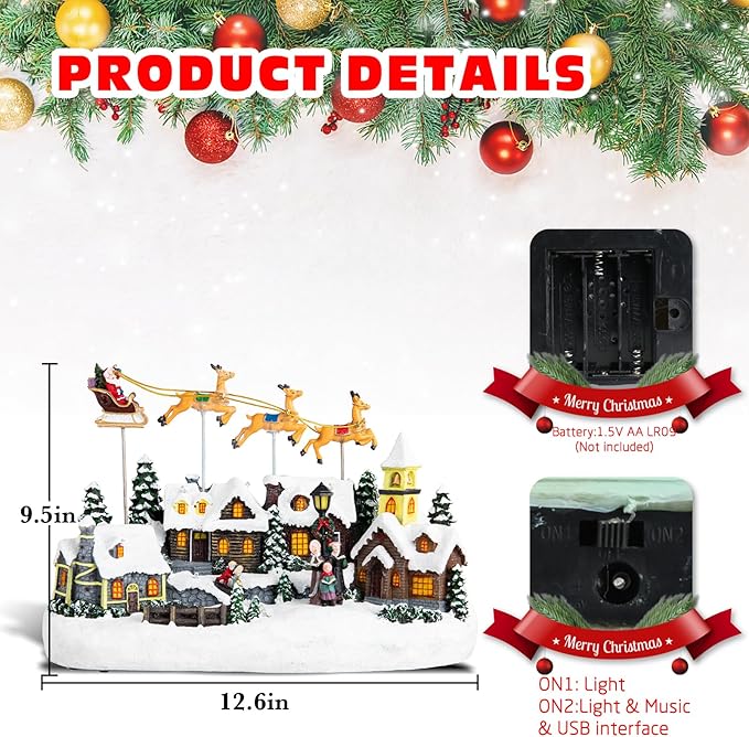 WONDER GARDEN Christmas Village Houses-Christmas Houses Village - Lighted Town Sets Colorful Musical Collectible Buildings with Elks Pulls Santa in Sleigh for Home Indoor Decor or Gift