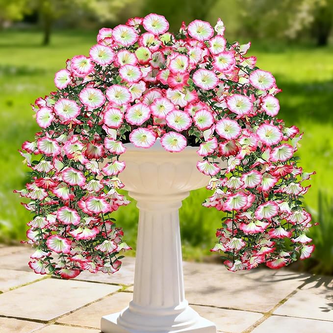 Artificial Hanging Flowers for Outdoors, 4 PCS UV Resistant Faux Plants Silk Realistic 150 Morning Glory Each Vines, Fake Plastic Floral for Garden Patio Spring Summer Decor, Pink