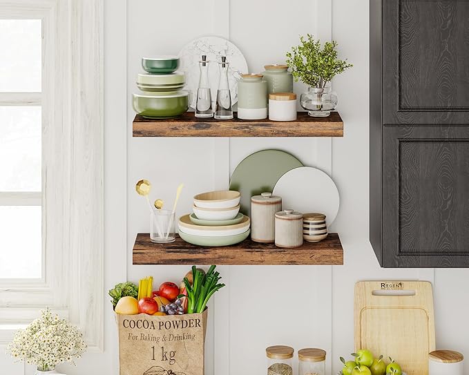 Fixwal 15.7in Floating Shelves, Set of 6 Wood Shelves, Farmhouse Shelf Wall Decor for Bathroom, Bedroom, Living and Kitchen Room (Rustic Brown)