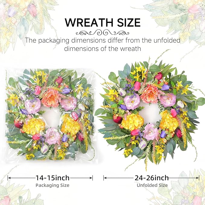 Chrisxiao 24 Inch Spring Summer Wreath for Front Door, Eucalyptus Wreaths with Peony, Tulip & Eucalyptus Leaves,Summer Wreath for Home Farmhouse, Outdoor, Porch, Wall Window Decor All Year Round