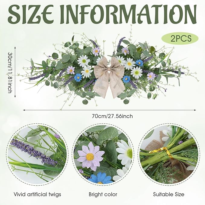 2 Pcs Spring Floral Teardrop Swags 24" Wildflower & Daisy Swag Decor with Linen Bows, Artificial Summer Greenery Swags for Door, Wall, Mantel, and Wedding Decor