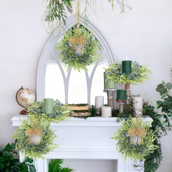 6 PCS Small Spring Summer Blue Berry Cabinet Wreath Artificial Mini Kitchen Wreaths Vintage Swags Wreath with Retro Burlap Ribbon for Farmhouse Rustic Home Front Door Window Pillar Wedding Chair Wall