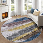 Ciicool 5ft Round Washable Rug, Modern Abstract Circle Rugs, Non-Slip Thin Lightweight Rug Yellow Blue Circular Print Distressed Carpet for Bedroom Living Room Under Dining Table Home Office Decor