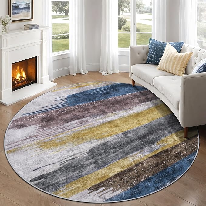 Ciicool 5ft Round Washable Rug, Modern Abstract Circle Rugs, Non-Slip Thin Lightweight Rug Yellow Blue Circular Print Distressed Carpet for Bedroom Living Room Under Dining Table Home Office Decor