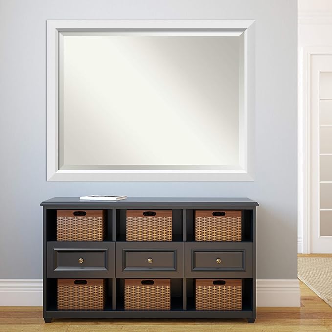 Amanti Art White Wall Mirror 34x44 Blanco White Rectangle Bathroom Mirror for Wall Decor Living Room, X-Large Modern Wood Frame, Hangs Horizonally and Vertically, Bathroom Decor, Beveled Edge