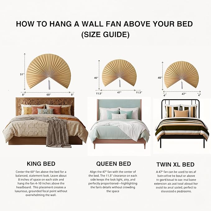 Chicvillage Boho Wall Decor 60", Bedroom Wall Decor for Above Bed, Aesthetic Wall Decor Bamboo Fan Art, Large Woven Headboard, Hook Included (Beige)