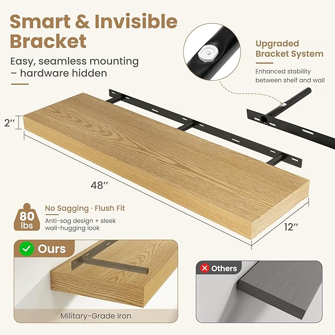FLYJOE 48 Inch Long Floating Shelves for Wall Set of 1, 12" D Wood Grain Bathroom Shelves with Invisible Brackets, Easy Install Engineered Wood Storage Shelves for Kitchen, Living Room, Bedroom