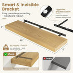 FLYJOE 48 Inch Long Floating Shelves for Wall Set of 1, 12" D Wood Grain Bathroom Shelves with Invisible Brackets, Easy Install Engineered Wood Storage Shelves for Kitchen, Living Room, Bedroom