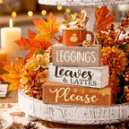Lineshading 4 Pcs Fall Coffee Table Decor Fall Decoration for Home Wooden Stacked Block with Pumpkin Latte Topper Rustic Thanksgiving Tiered Tray Decor for Harvest Party Home Kitchen Coffee Bar Shelf