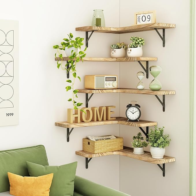 Fixwal Floating Shelves for Wall Set of 5, Rustic Wood Wall Mounted Corner Shelf for Bathroom, Kitchen, Bedroom, Home Decor, Laundry Room, Living Room (Carbonized Black)