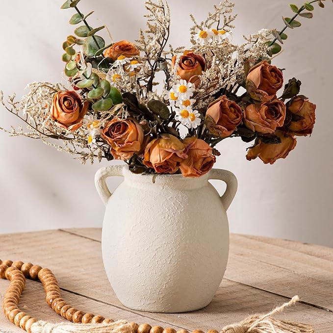 Ceramic Flower Small Vase 6 inch Farmhouse Rustic Vase Decorative Pottery Terracotta Vases for Home Decor Table Mantle Fireplace Living Room Bathroom Wedding Centerpiece