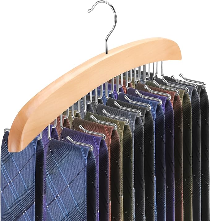 Tie Rack Hanger for Closet,360 Degree Rotating Tie Holder Organizer with 24 Folding Hooks,Wooden Men's Neck Tie Organizer Storage for Belts Tank Tops Scarves