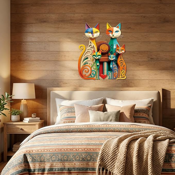 Wesiti Cat Wall Art Decor Iron Wall Sculptures Decor for Cats Lover 12.6 x 15.7 Inches Colorful Mid Century Cat Retro Signs for Home Living Room Bedroom Kitchen Office(Refined)