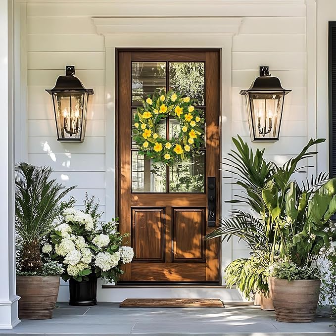 22 Inch Spring Summer Wreaths for Front Door, Artificial Flowers Wreath with Yellow Floral Green Leaves Berries and Grain Spikes, Farmhouse Wreath for Front Porch Wall Indoor Outdoor Home Decor