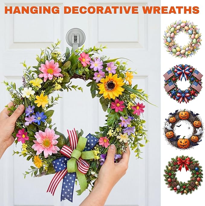 Ofiray-home Wreath Hangers, 2 Pack Heavy Duty Wreath Hangers for Front Doors/Windows/Over Door, No Drill & Reusable Suction Cup Hooks for Bedroom, RV, Bathroom and Home Storage Hooks(Gray)
