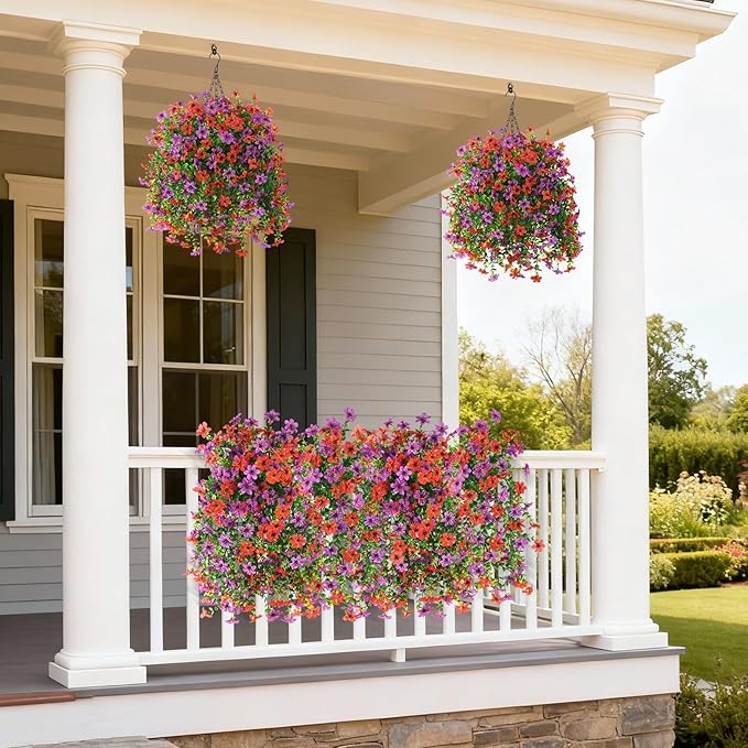 Artificial Hanging Flowers for Outdoors, 2 Pcs Fake Hanging Plant Spring Summer Decoration, UV Resistant No Fade Faux Flower for Porch Patio Yard Window Home Decor(Red Purple)