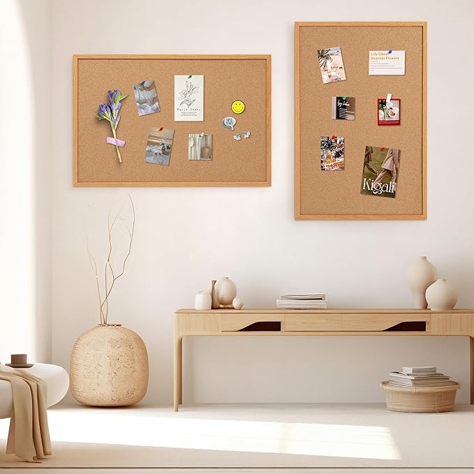 2 Pack Cork Board Bulletin Board 24 x 36, Wood Framed Corkboards for Wall Decor, Hanging Office Message Board, Large Wall Mounted Notice Pin Board with 30 Push Pins for School, Home & Office