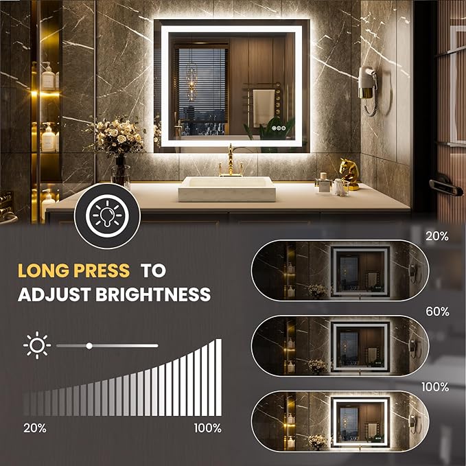 LOAAO 40"x34" LED Bathroom Mirror with Lights, Anti-Fog, Dimmable, Backlit + Front Lit, Lighted Bathroom Vanity Mirror for Wall, Memory Function