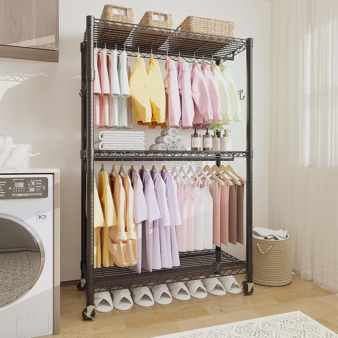 Heavy Duty Rolling Clothes Rack,Load 730LBS Clothing Racks for Hanging Clothes,Free Standing Closet Organizers and Storage Garment Racks with Wheels,2 Rods,Side Hooks,80"H x 45"W x 16"D
