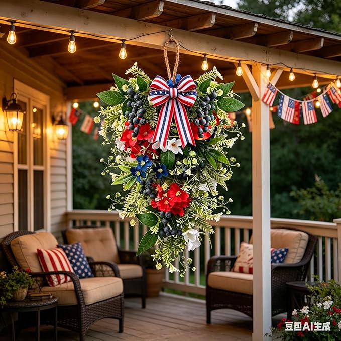 2 Pack 21'' Patriotic Teardrop Swag Wreaths Artificial 4th of July Hanging Swag for Cabinets Red White Blue Floral Navy Blue Berries for Independence Day Memorial Day Front Door Porch Window Wall