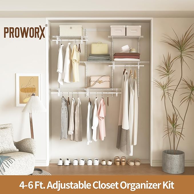 4-6 Ft Closet Organizer System, Adjustable Metal Wire White Closet System, Expandable Walk in Closet Organizers and Storage System, Closet Shelves with Hanging Rods