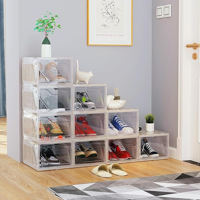 AWTATOS Shoe Boxes with Magnetic Door, Stackable Shoe Storage Organizer with Lids, Folding Shoe Rack for High Heels, Thickened Sneaker Storage Container, 10 Pack, Clear