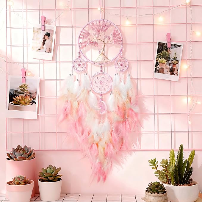 Large Pink Dream Catchers,Crystal Tree of Life Dreamcatcher,Perfect Pink Crystal Handmade Dreamlike Dream Catchers for Girls Bedroom Decor Art Craft Gift (Pink)