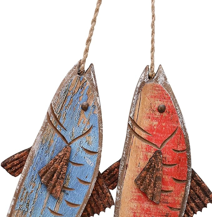 Antique Wood Fish Decor Decorative Wooden Hanging Fish Nautical Indoor Outdoor Decorations Wall Art Ornament (Set of 2)