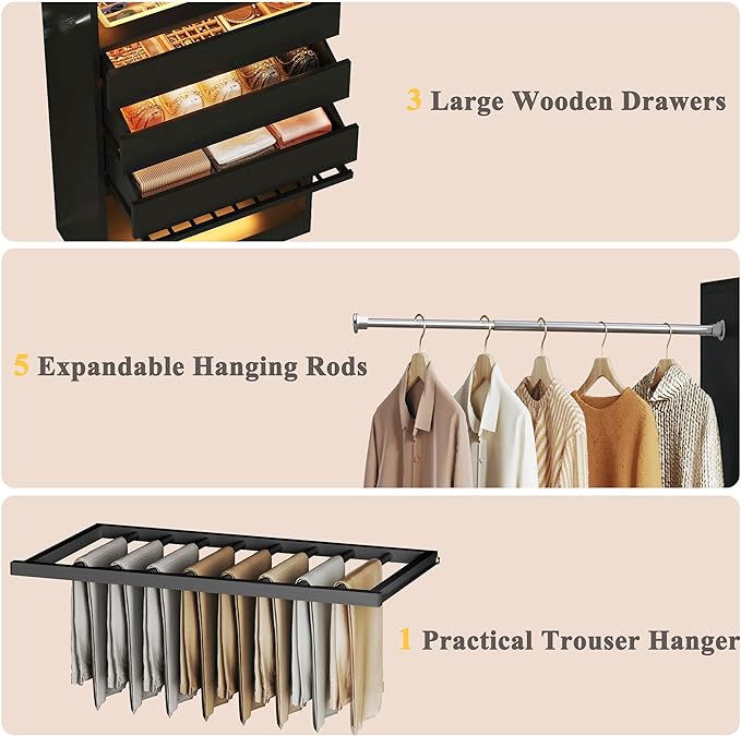 Closet System, 4-8FT Closet Organizer with 3 Wood Drawers & Glass Top, 102'' Walk in Closet with 5 Hang Rods & LED Lights & Trouser Rack, Built-in Wardrobe Clothes Rack with Shelves and Tower, Black