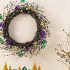Glitzhome 20" Wreath Decoration Glitter Purple Gold Green Berry & Fleur-de-Lis Wreath Carnival Front Door Decoration for Indoor Outdoor Holiday Party Favors