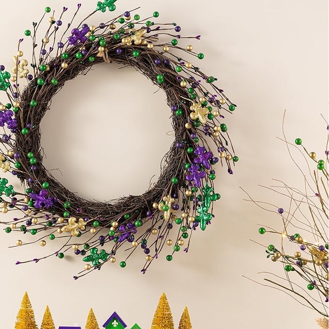 Glitzhome 20" Wreath Decoration Glitter Purple Gold Green Berry & Fleur-de-Lis Wreath Carnival Front Door Decoration for Indoor Outdoor Holiday Party Favors