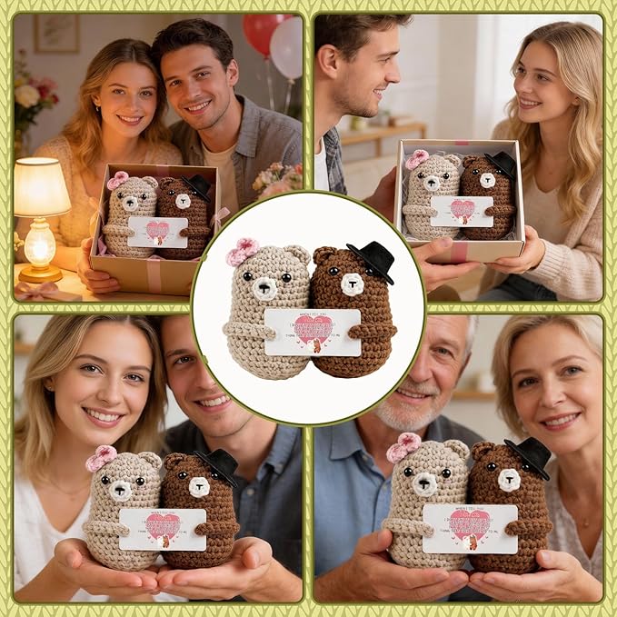 WenmthG Bear Couple Crochet Gift – Handmade Knitted Bear Lovers – Wedding Engagement for Couples, Husband Wife, Boyfriend Girlfriend
