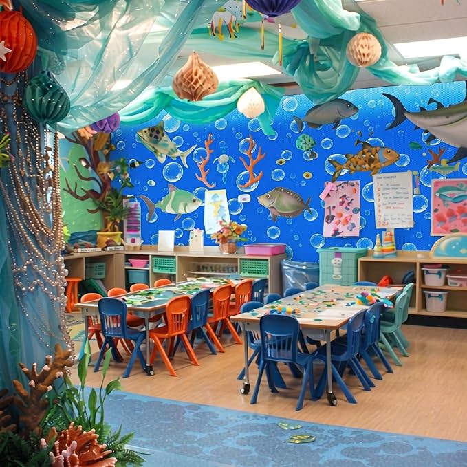 Hahafelt 1.3x39 ft Fabric Bulletin Board Roll Ocean Bubbles Bulletin Board Blue Non-Woven Reusable Waterproof Erasable Wrinkle Resistant Fabric Roll for Background Decor DIY Craft